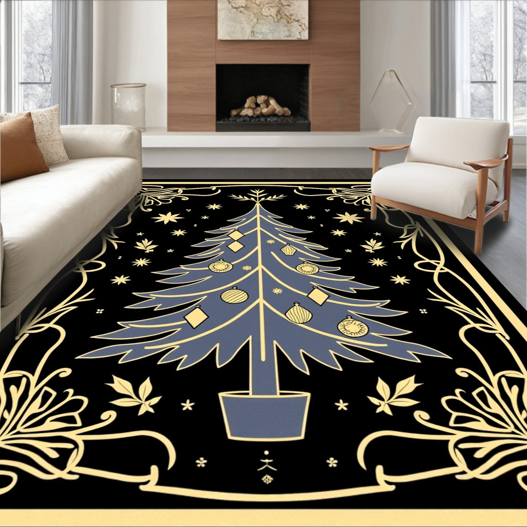 Midnight Blue Christmas Tree Ornament Border Rug