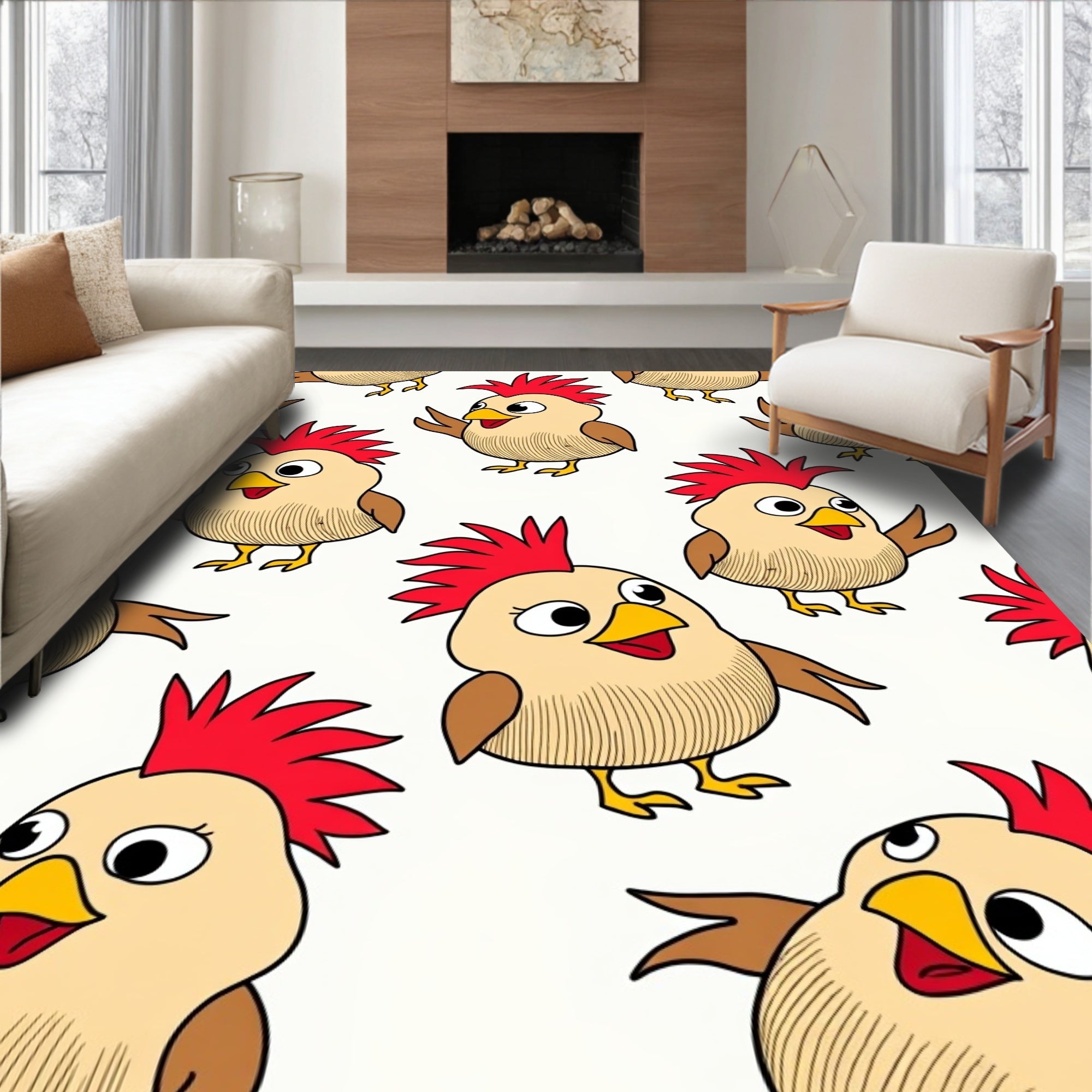 Whimsical Chicken Friends Cream Rug