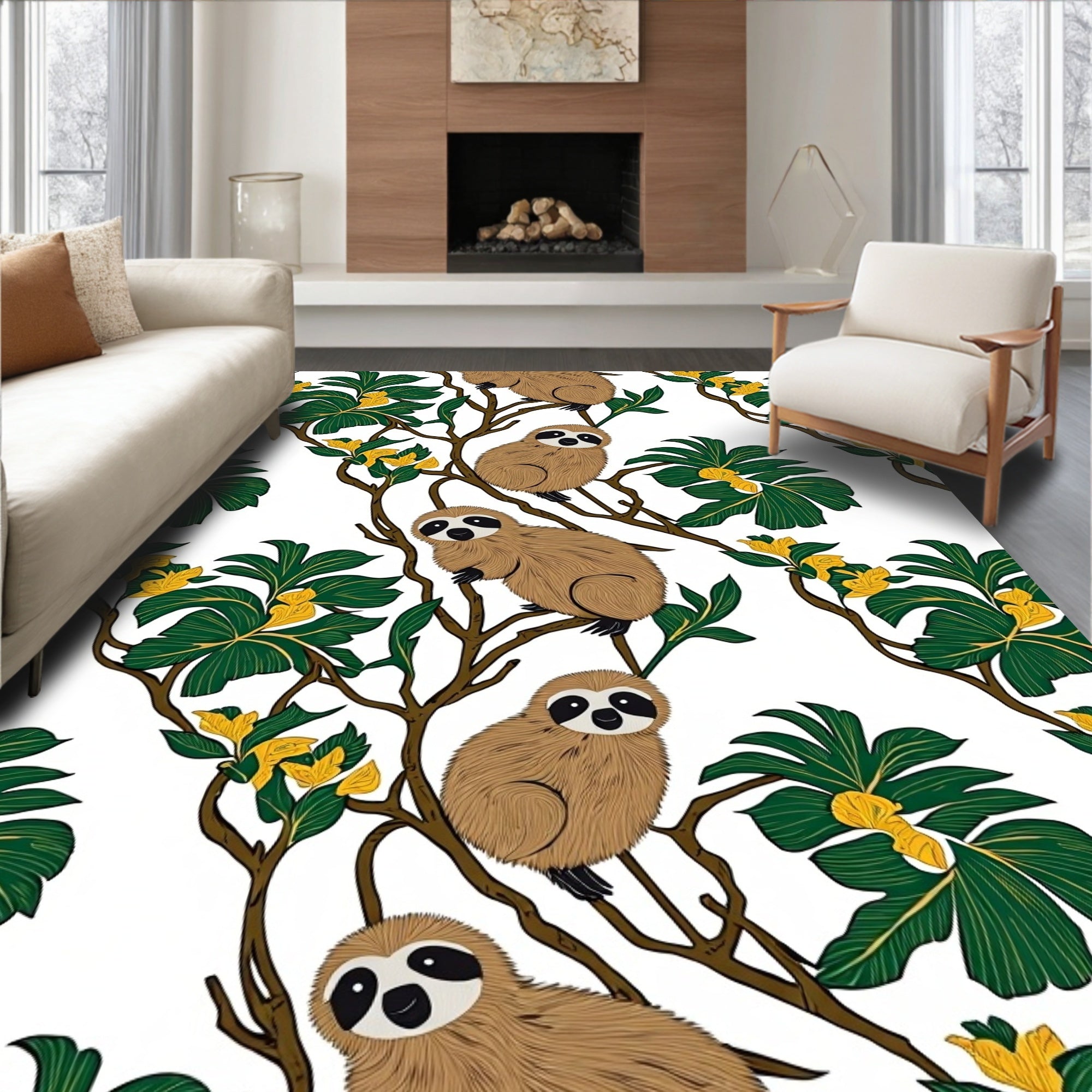 Whimsical Sloth Green Leaf Yellow Bloom Rug