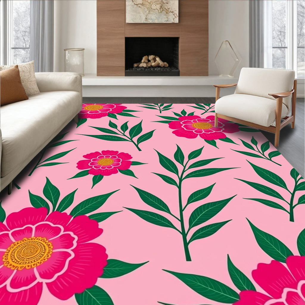 Pink Floral Foliage Bloom Rug