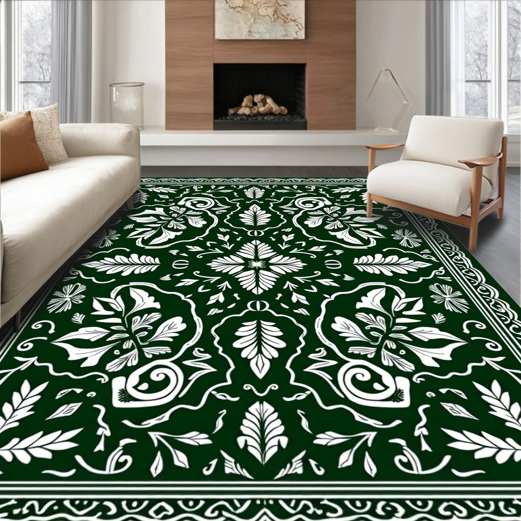 Dark Green White Floral Medallion Border Rug
