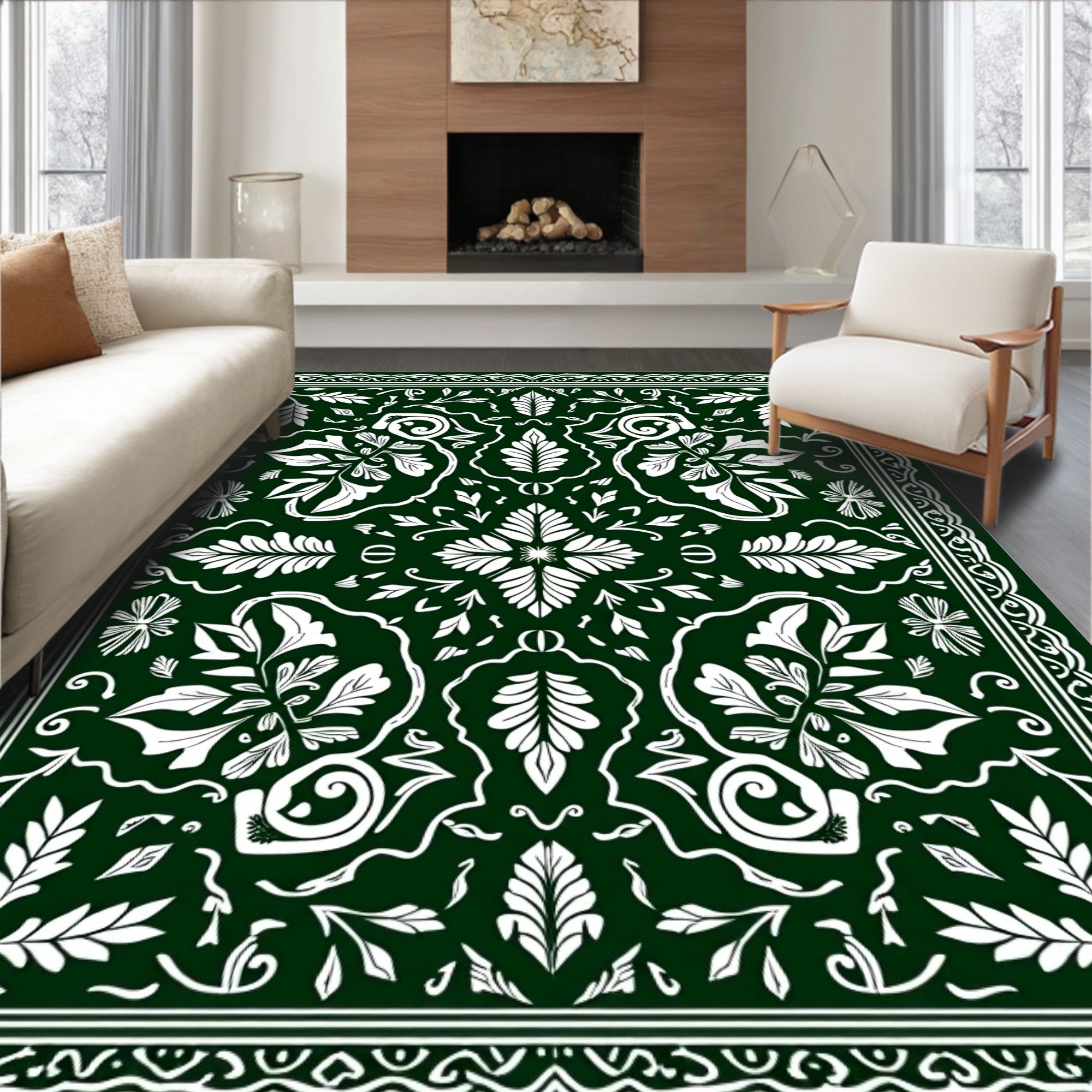 Dark Green White Floral Medallion Border Rug