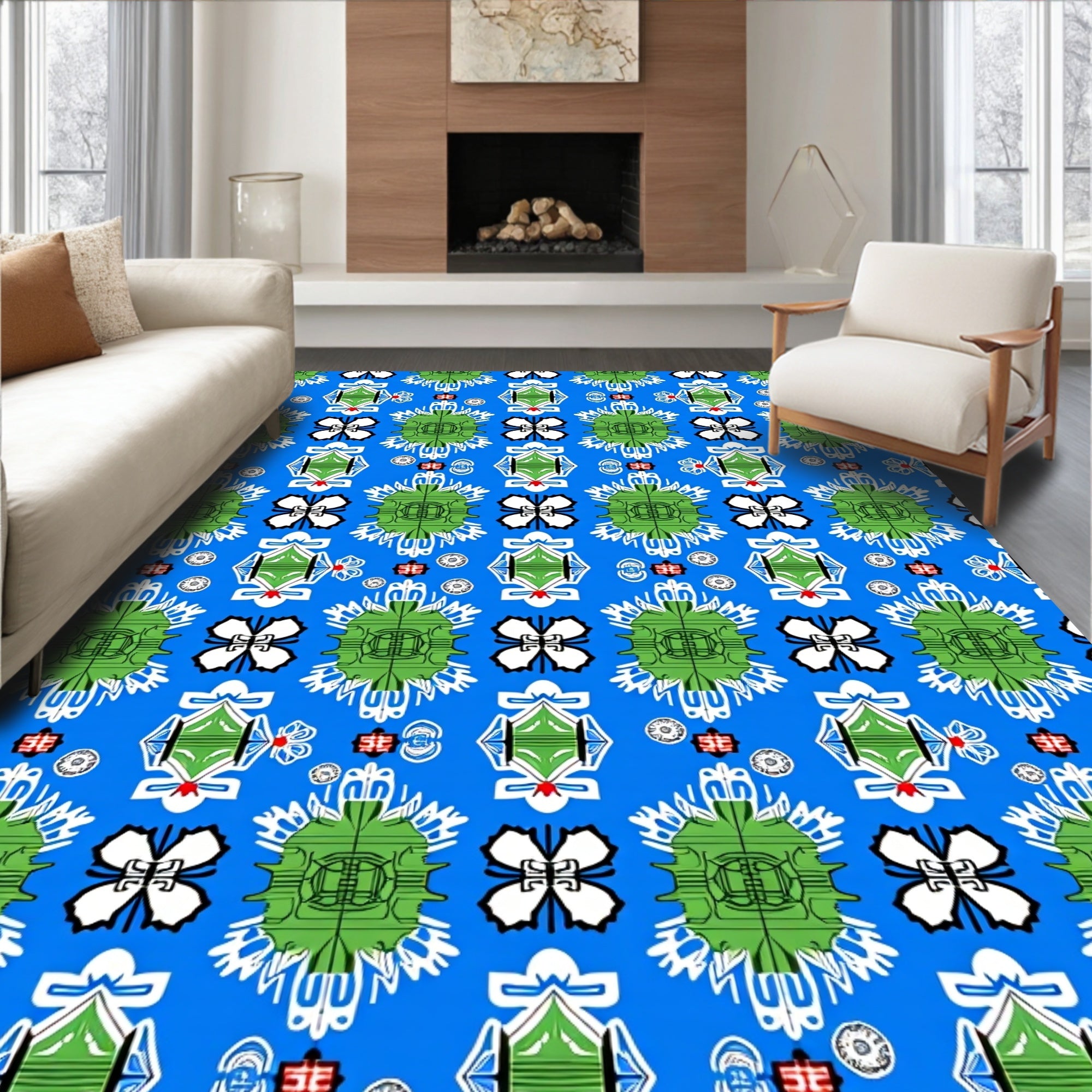 Bold Blue Geometric Floral Compound Rug