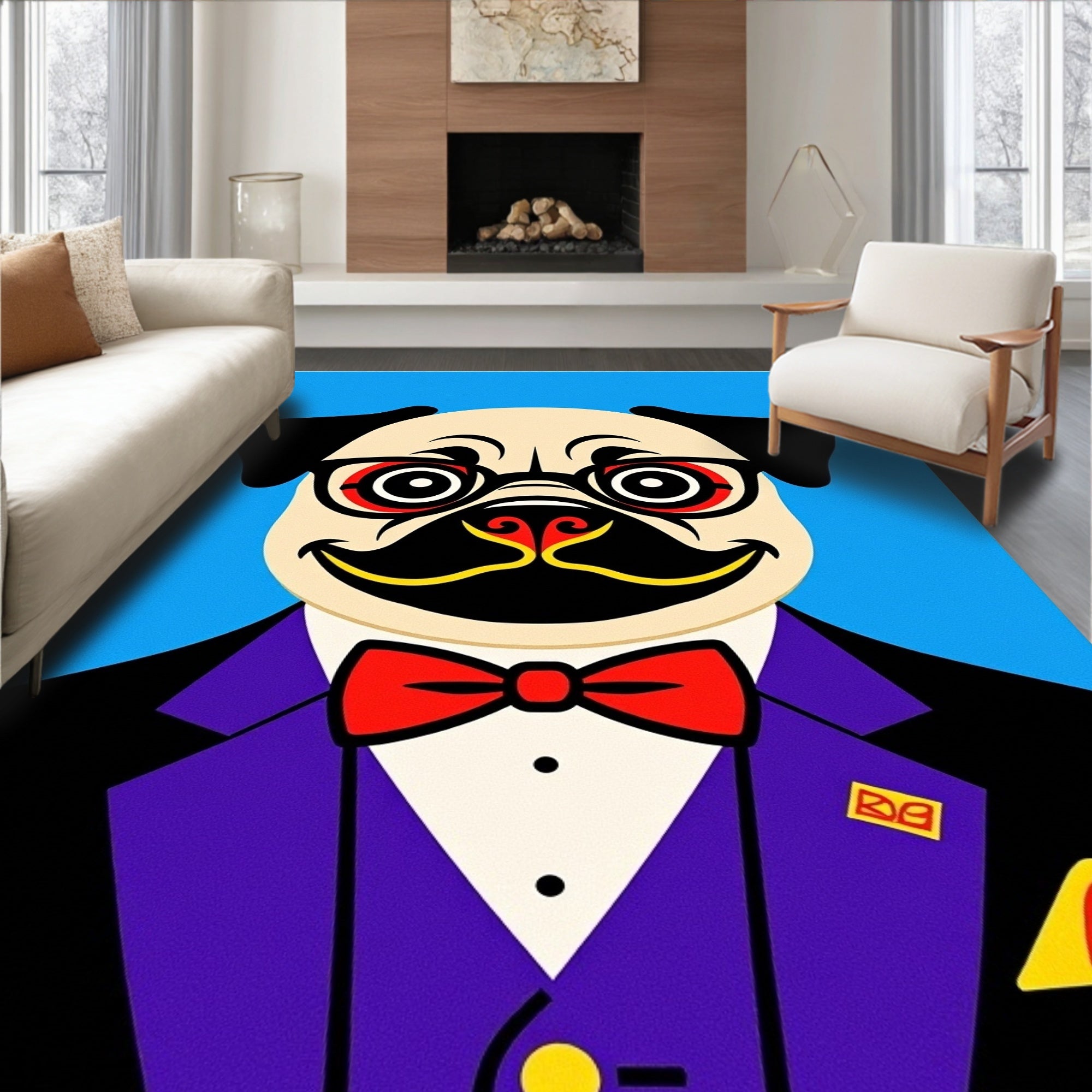 Dapper Pug Portrait Turquoise Background Rug