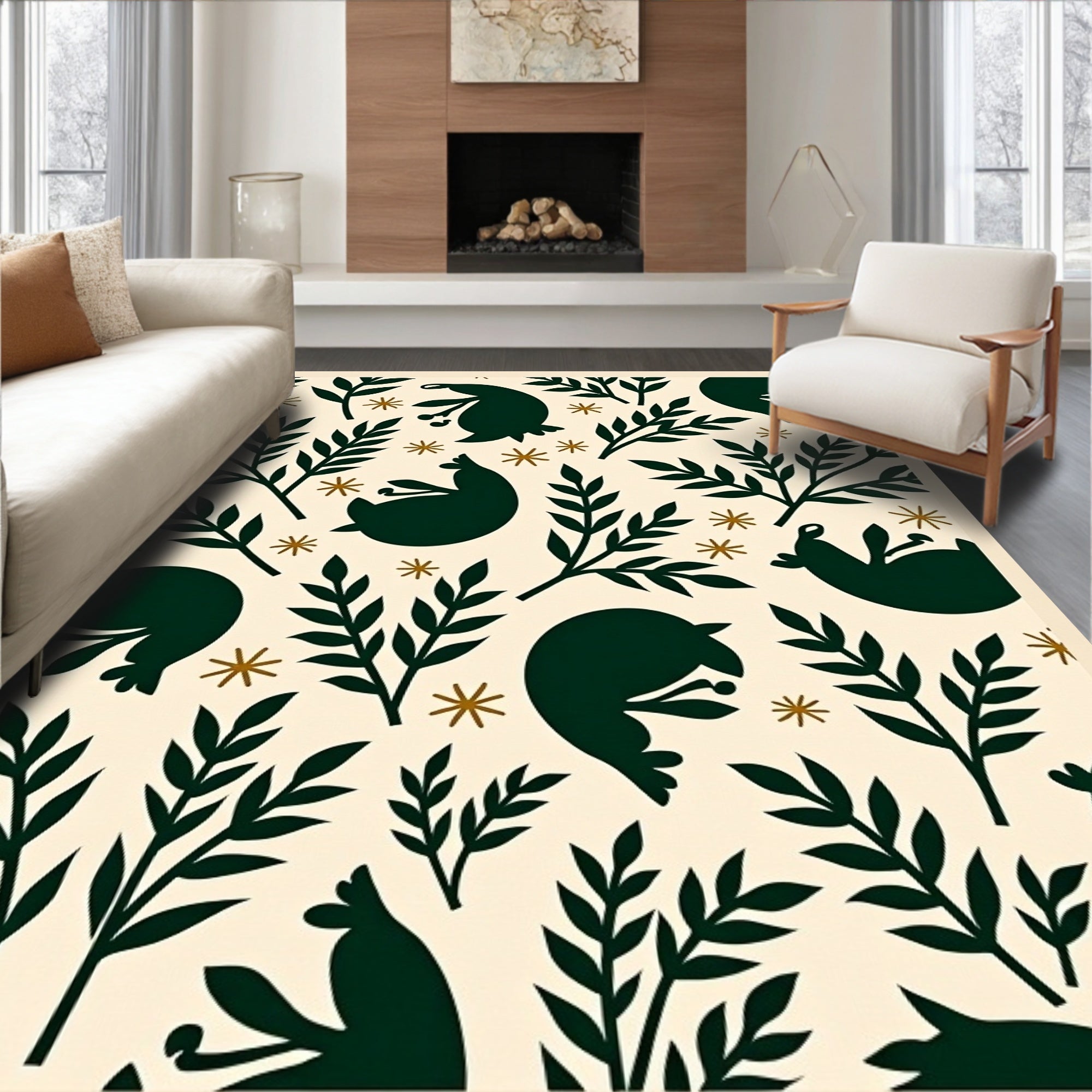 Dark Green Woodland Creatures Botanical Arrangement Rug