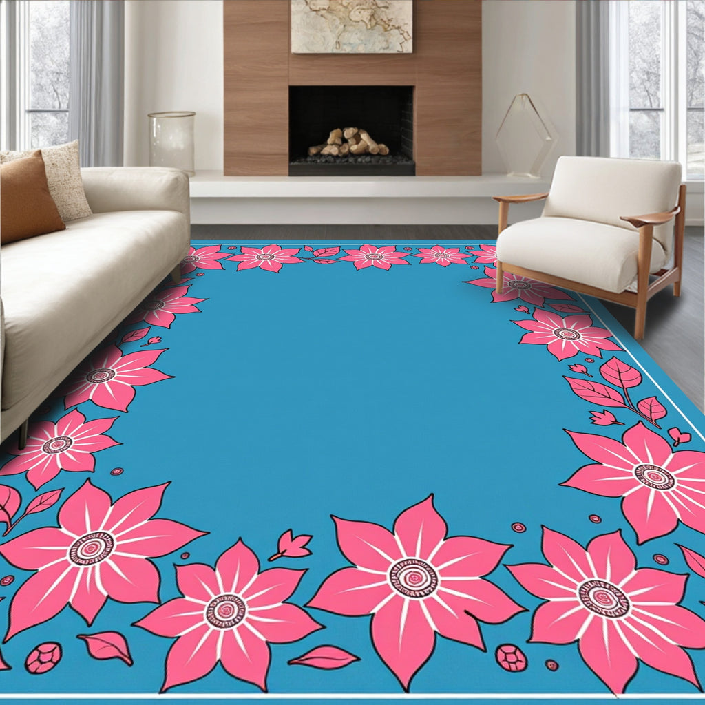 Bright Pink Floral Border Blue Rug
