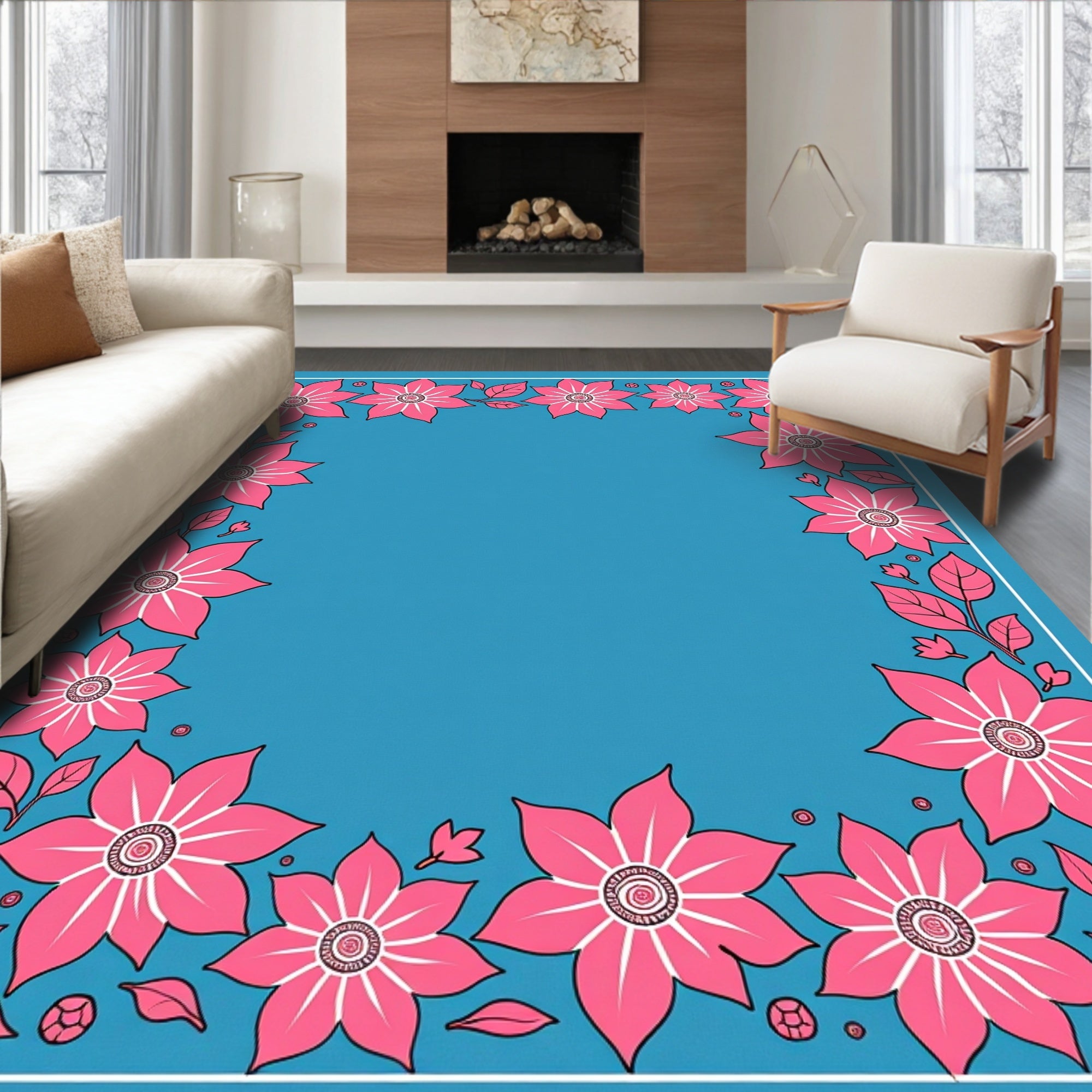 Bright Pink Floral Border Blue Rug