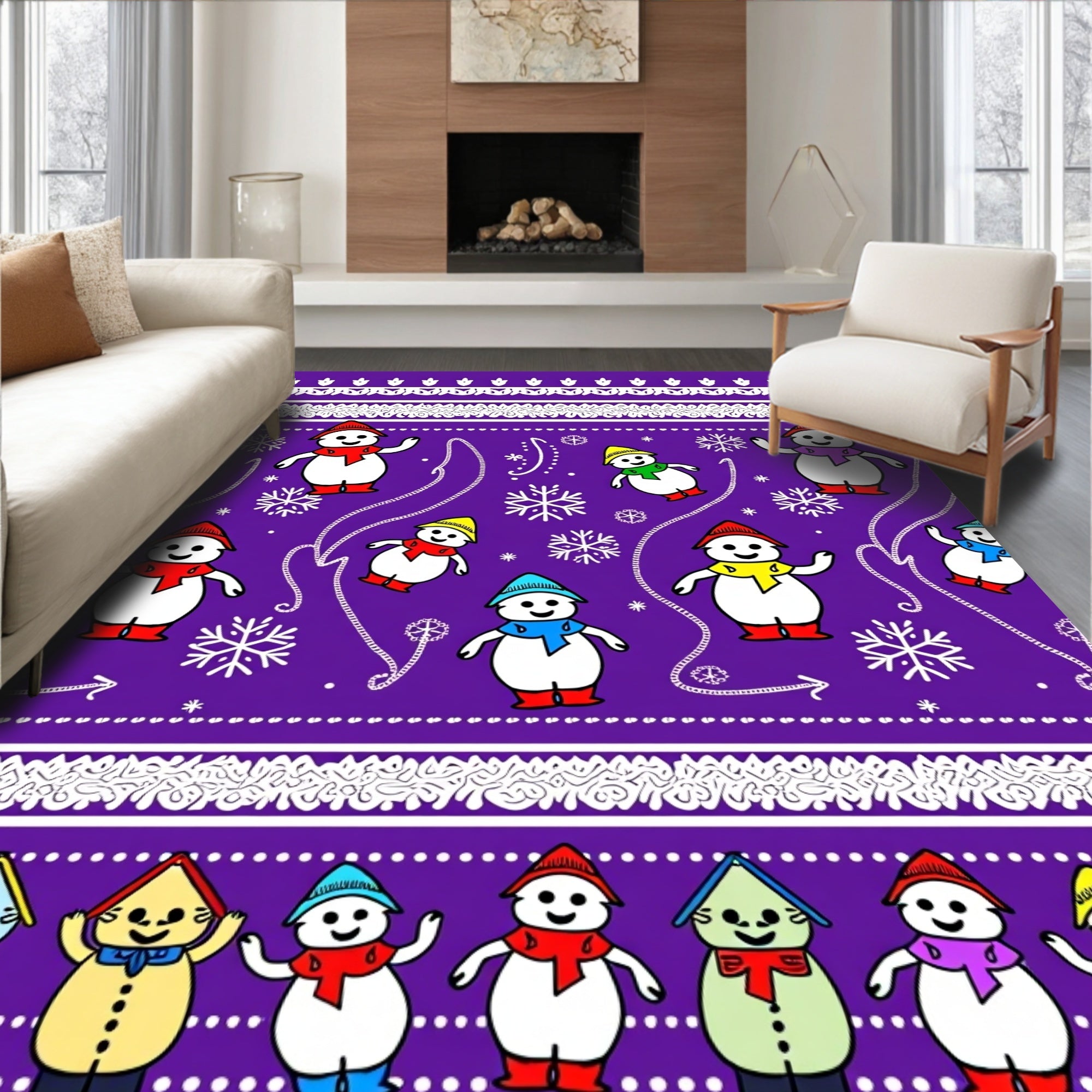 Whimsical Purple Snowman Snowflake Garland Rug