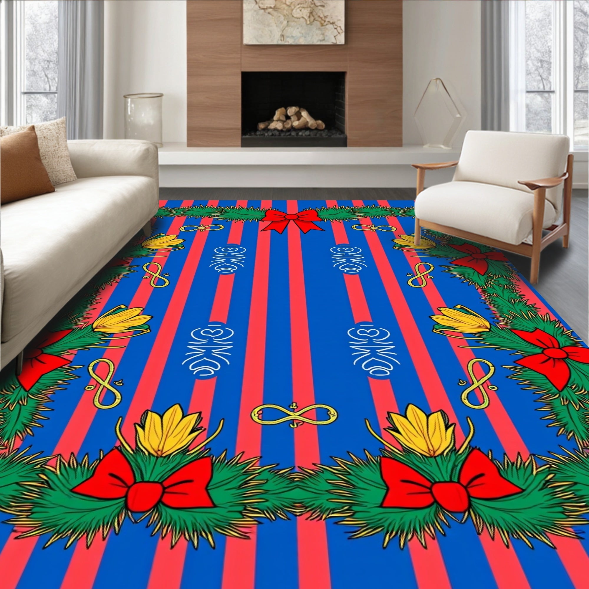 Red Blue Stripe Evergreen Garlands Rug