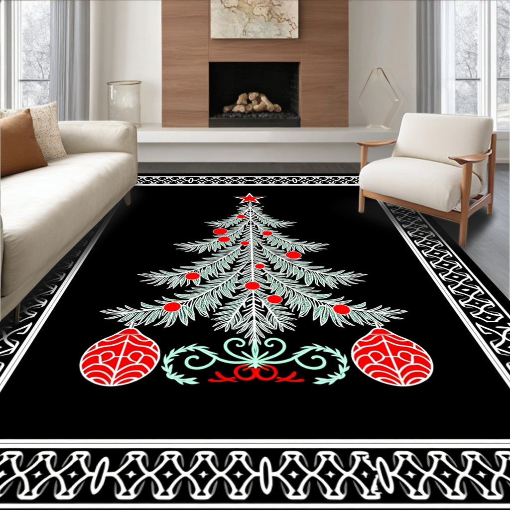 Festive Green Christmas Tree Red Ornaments Rug