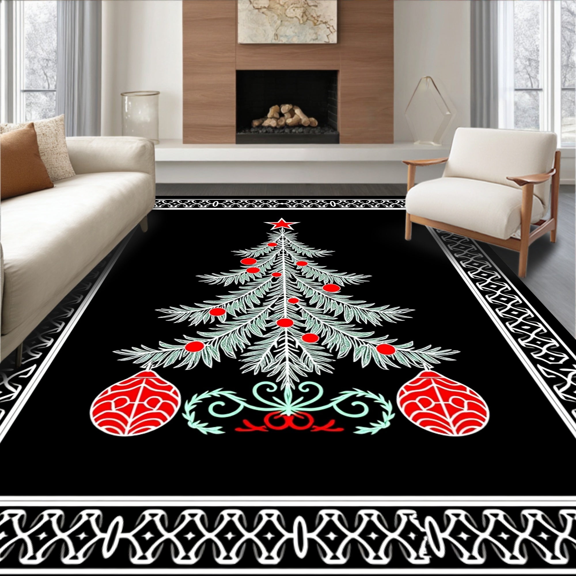 Festive Green Christmas Tree Red Ornaments Rug