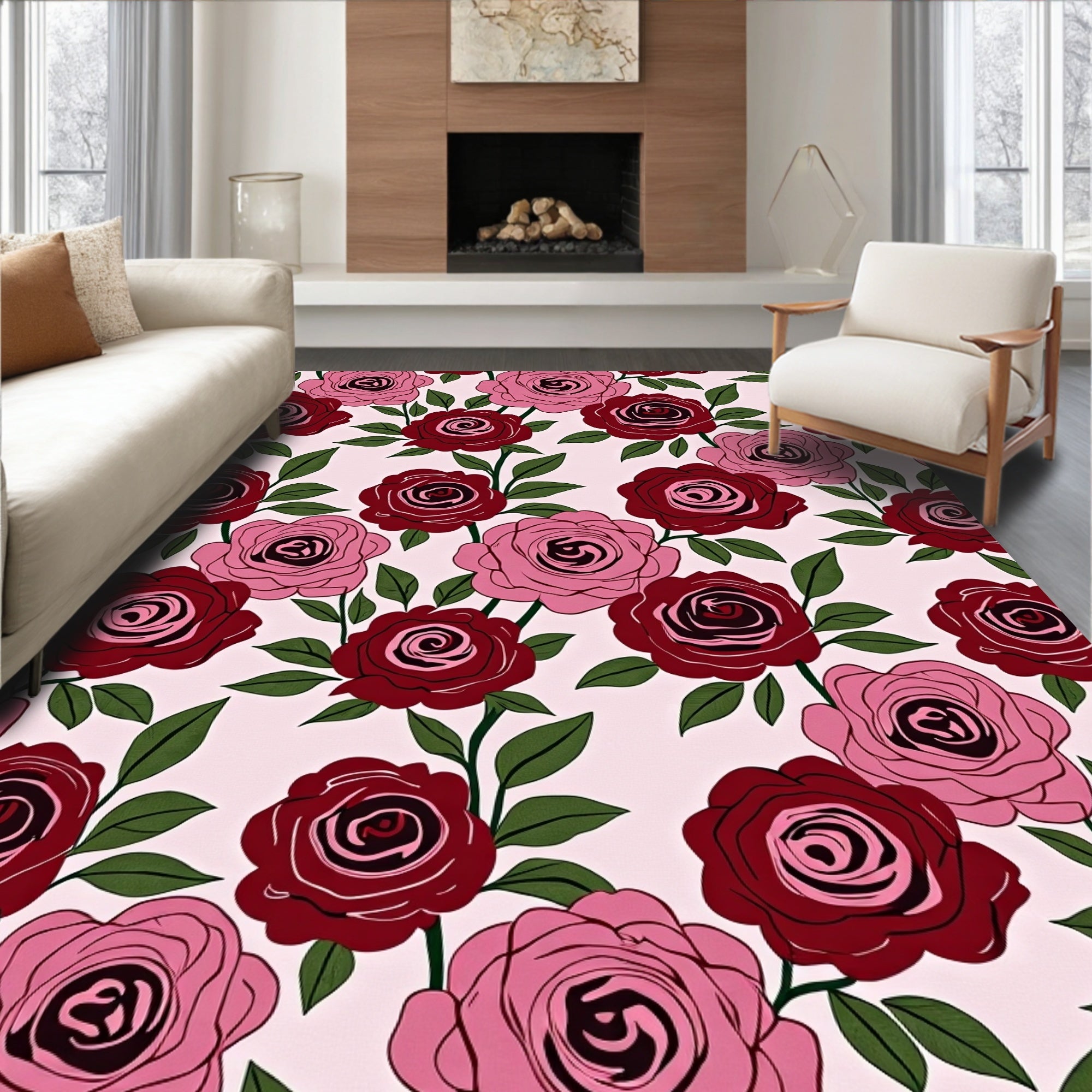 Crimson Pink Rose Garden Swirls Rug