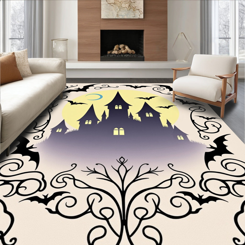 Spooky Castlebats Yellow Moon Swirls Rug