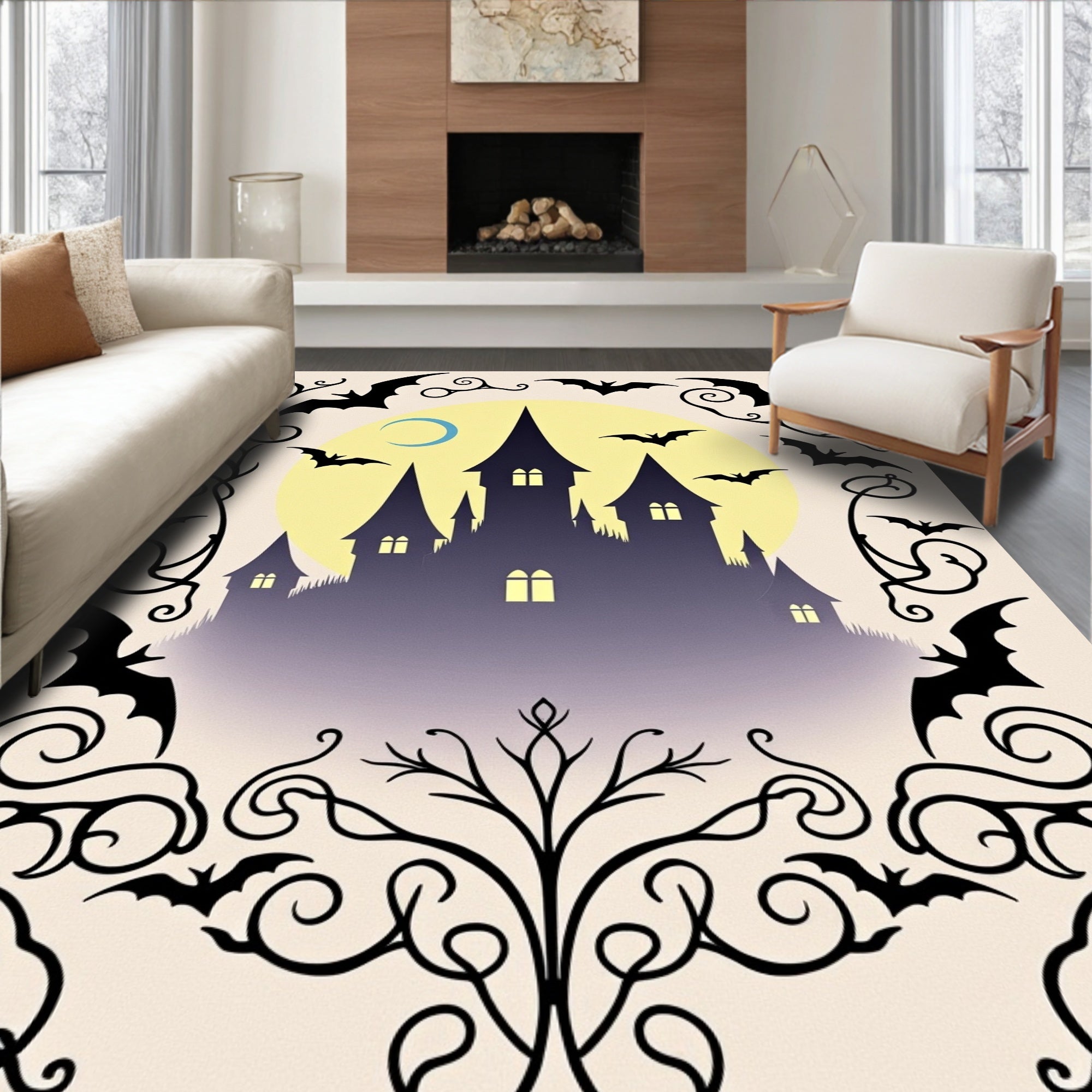 Spooky Castlebats Yellow Moon Swirls Rug