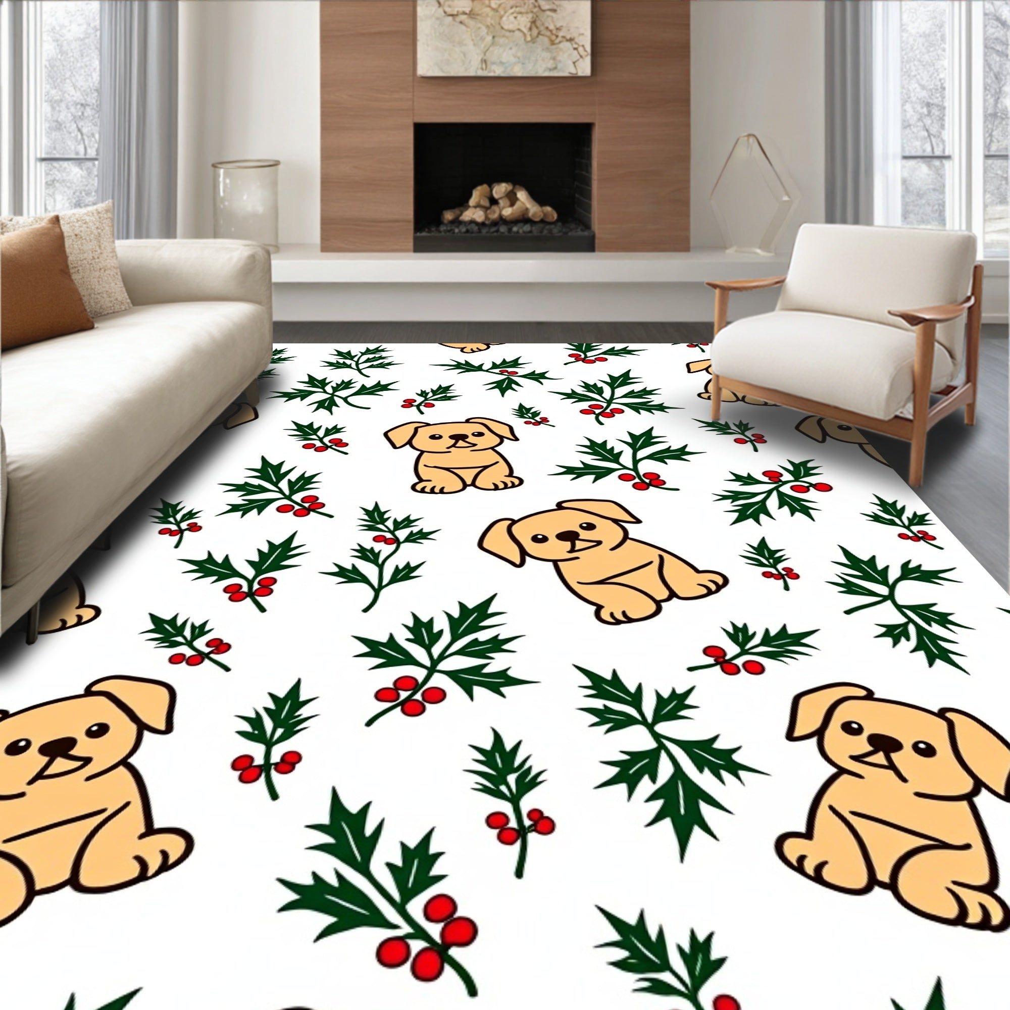 Cute Golden Puppy Holly Berry Sprig Rug
