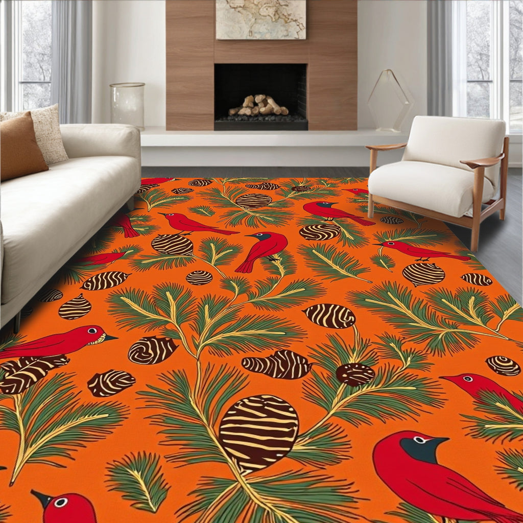 Red Birds Pine Cones Christmas Orange Rug