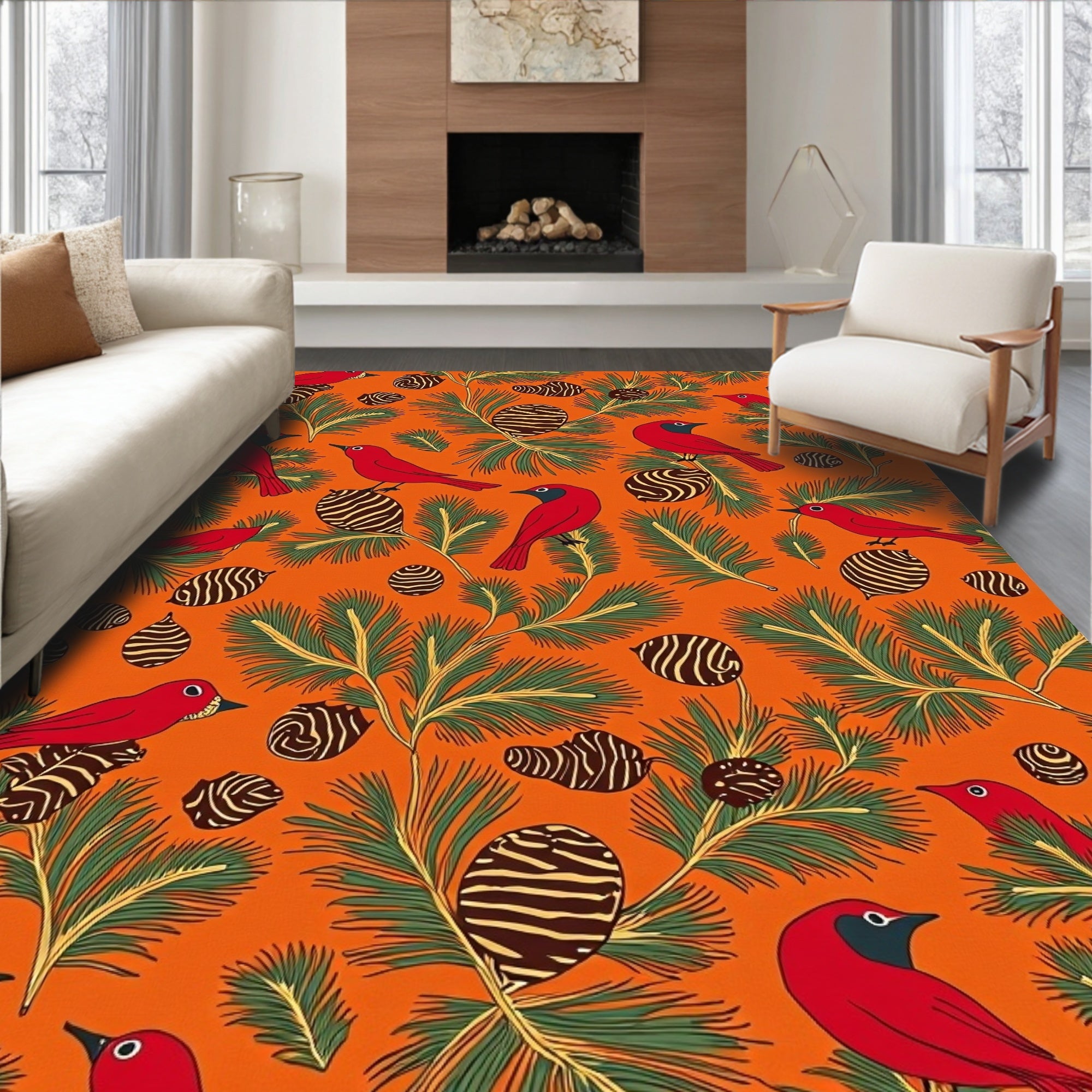 Red Birds Pine Cones Christmas Orange Rug