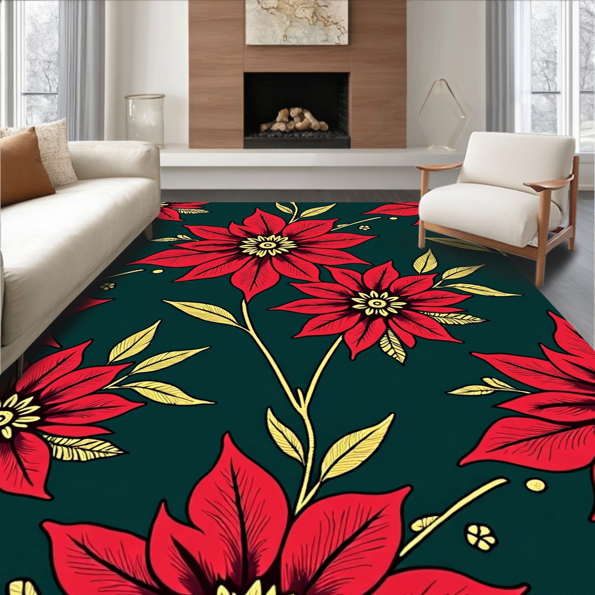 Vibrant Red Floral Botanical Layout Rug