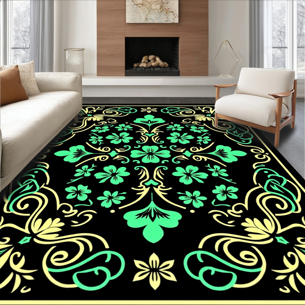 Vibrant Green Yellow Floral Swirl Rug