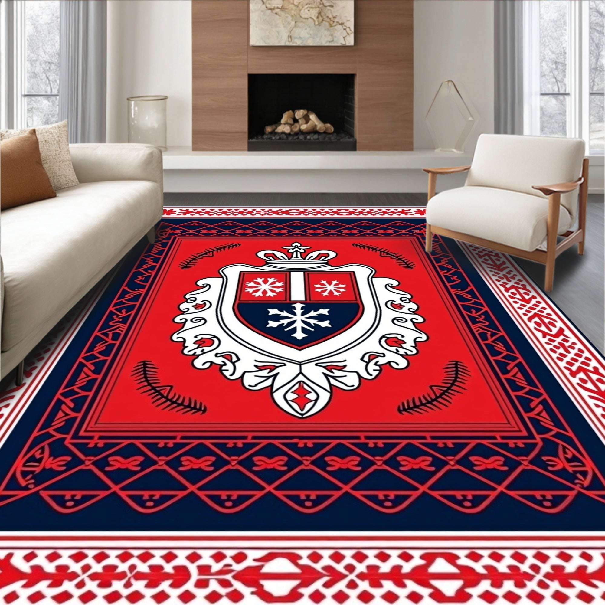 Crimson Navy Crest Snowflake Regal Rug