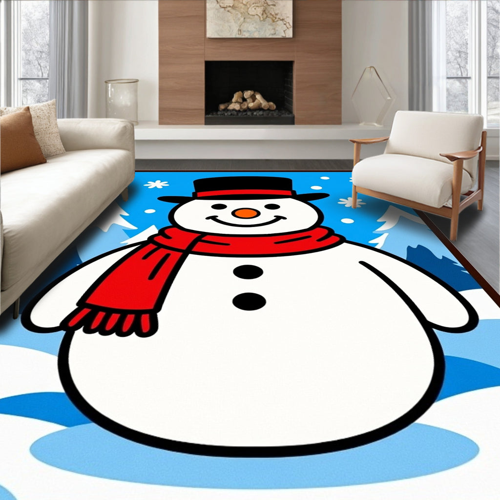 Cheerful Snowman Winter Wonderland Scenery Rug