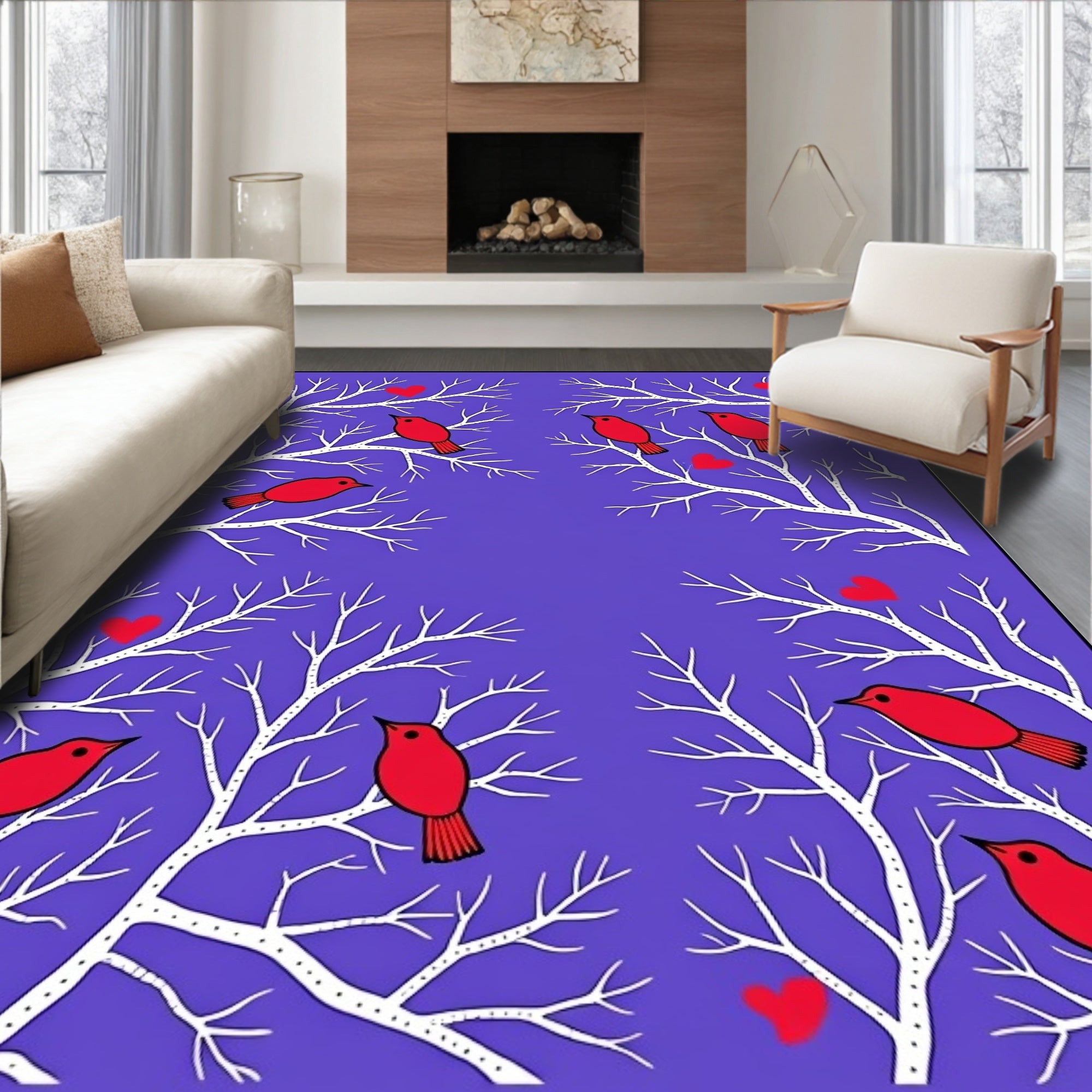 Red Birds On White Tree Branches Rug