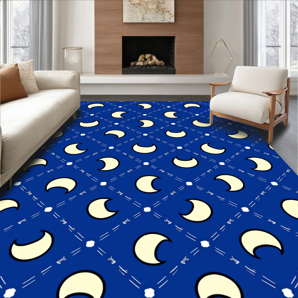 Celestial Blue Crescent Moon Grid Rug