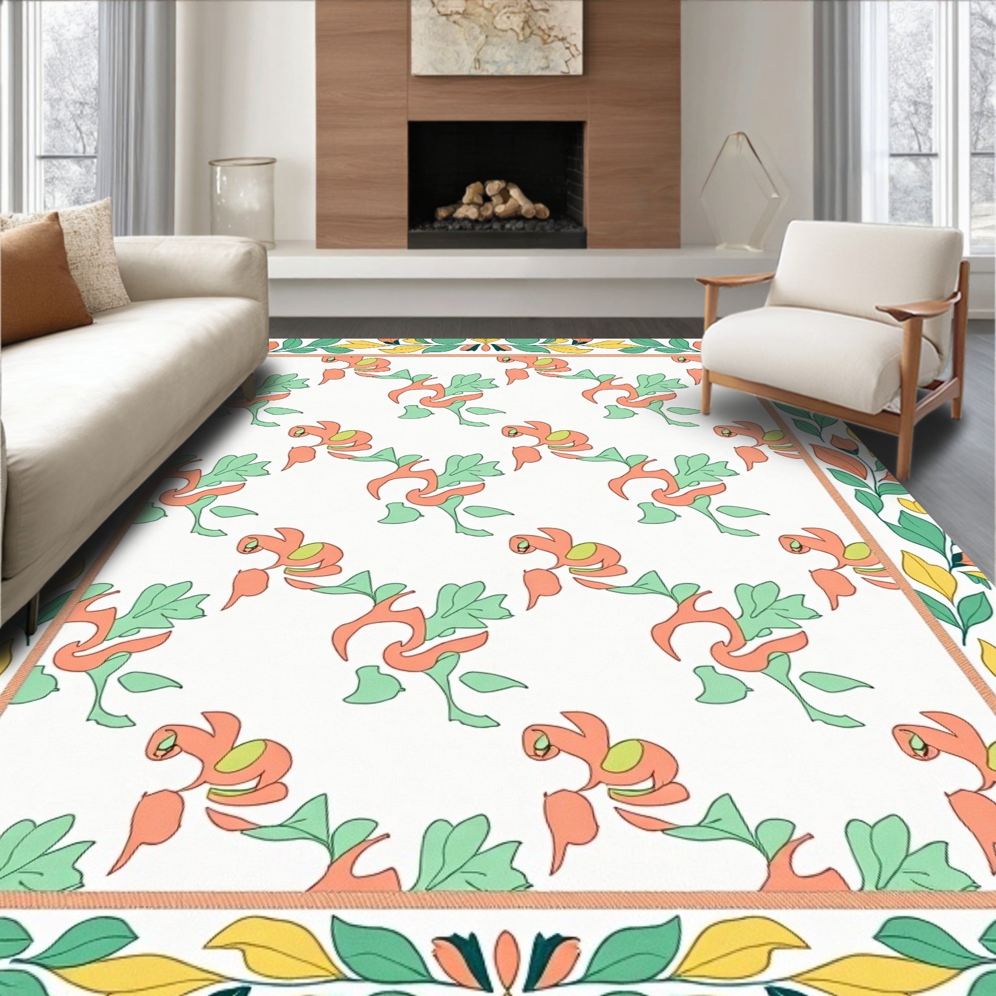 Coral Green Leafy Vine Border Rug