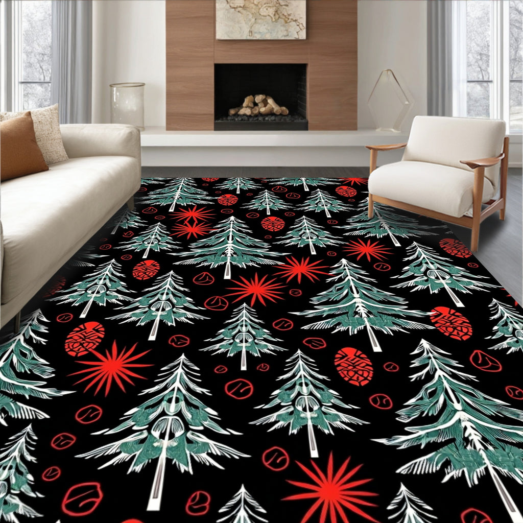 Green Pine Forest Red Starbursts Rug