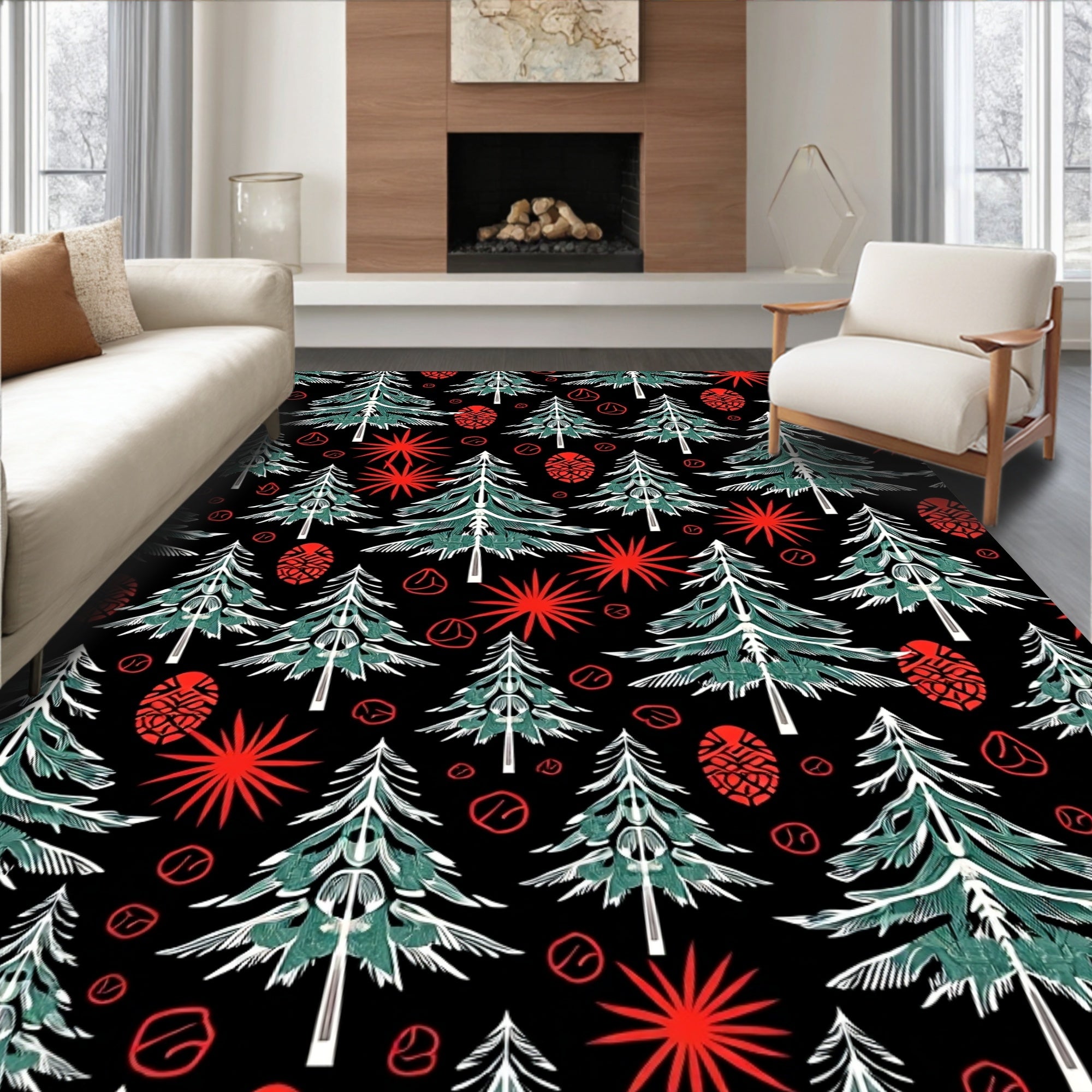 Green Pine Forest Red Starbursts Rug