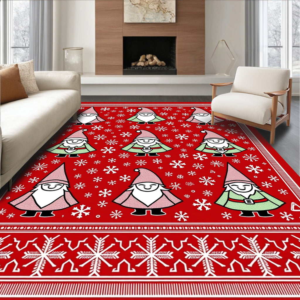 Red Holiday Gnomes Snowflake Border Rug