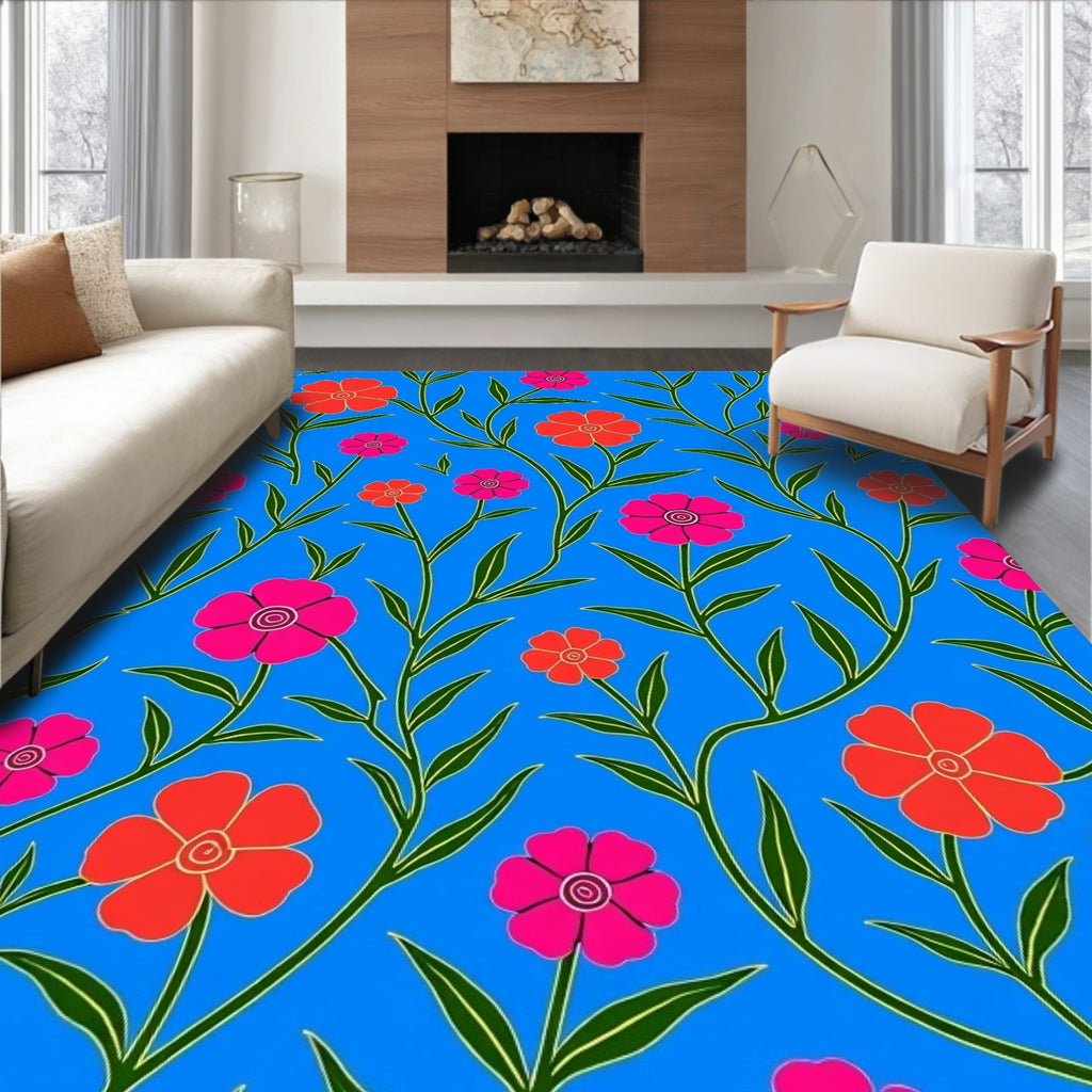 Vibrant Fuchsia Orange Floral Vine Rug
