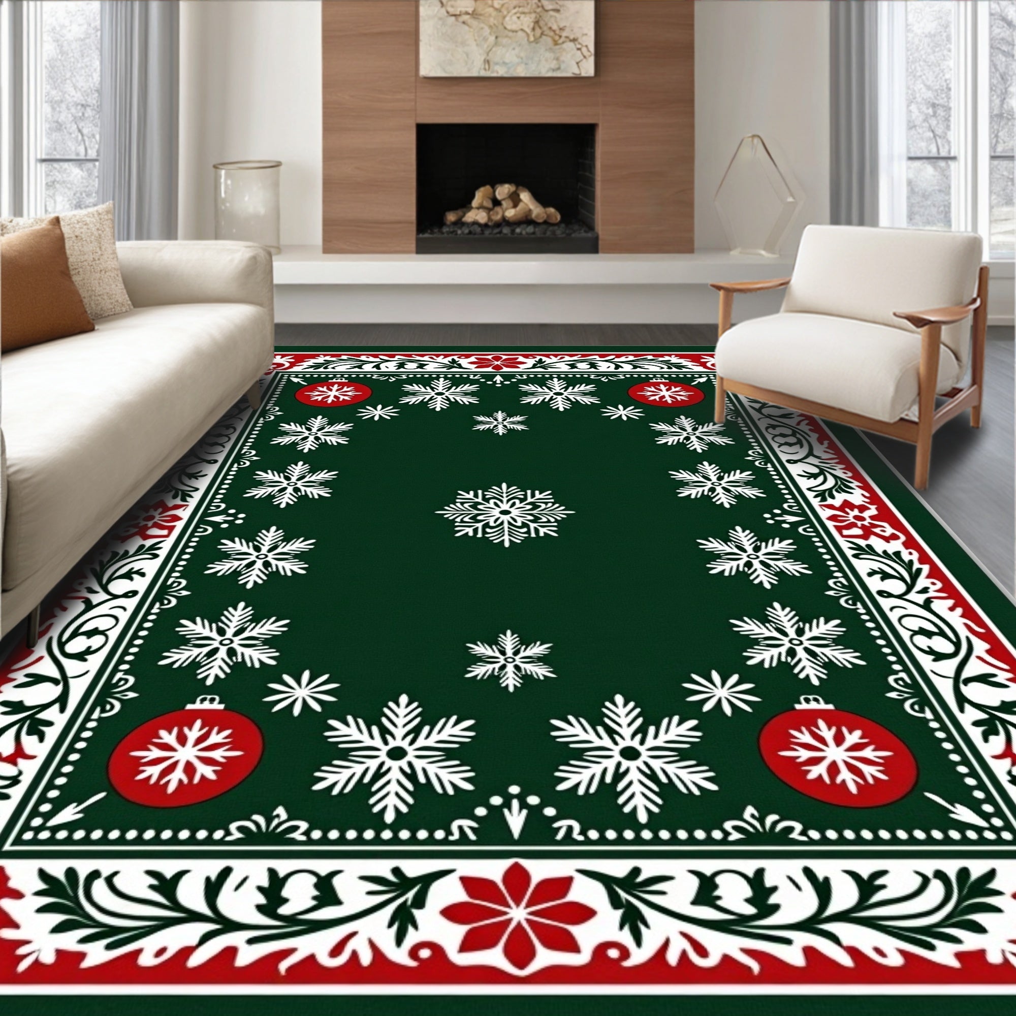 Green Snowflake Christmas Ornament Border Rug