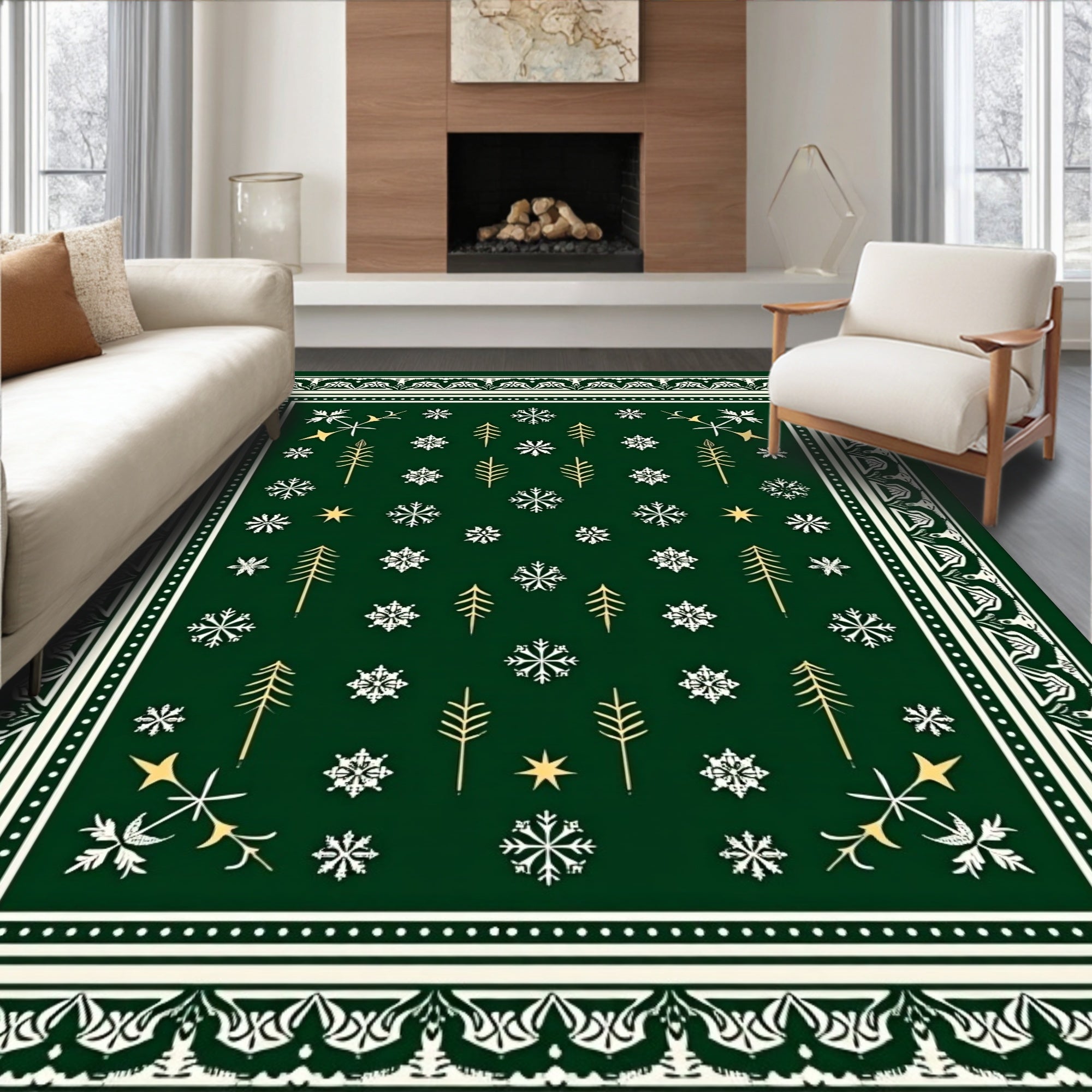 Emerald Green Winter Forest Snowflake Rug