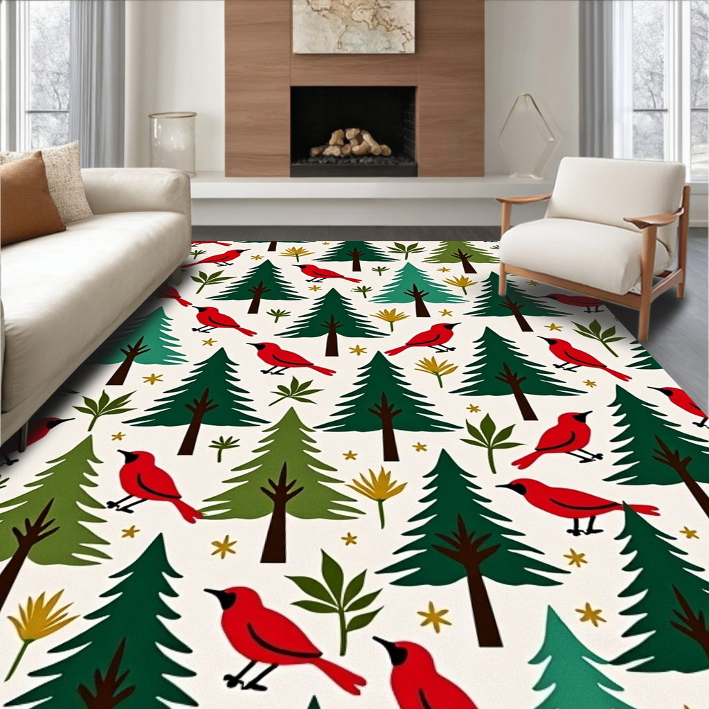 Red Cardinals and Green Evergreen Forest Rug