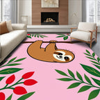 Cute Sloth Hanging Green Red Blooms Rug