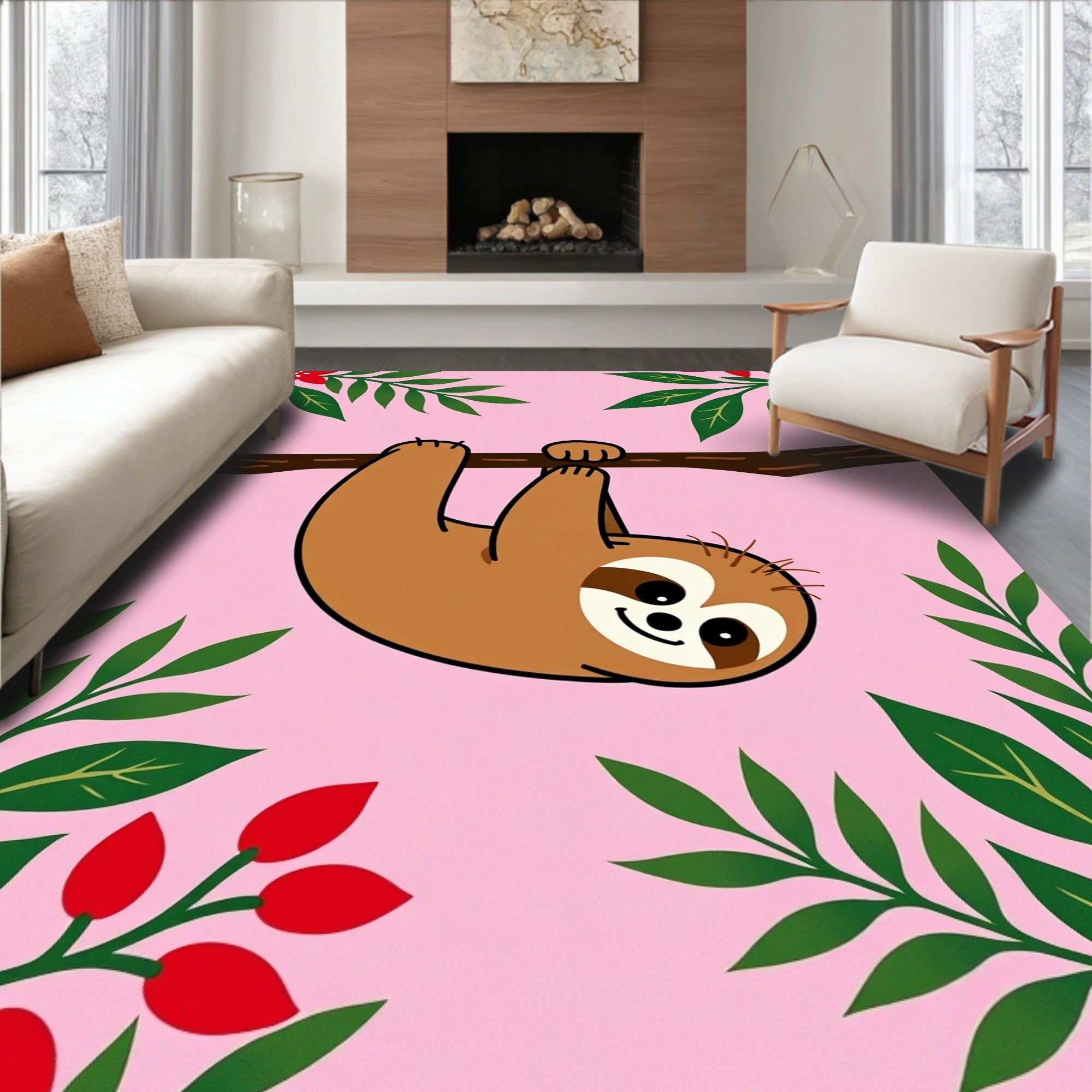 Cute Sloth Hanging Green Red Blooms Rug