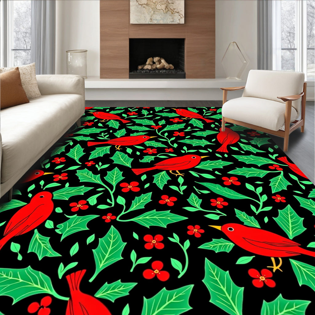 Red Bird Holly Berry Arrangement Rug