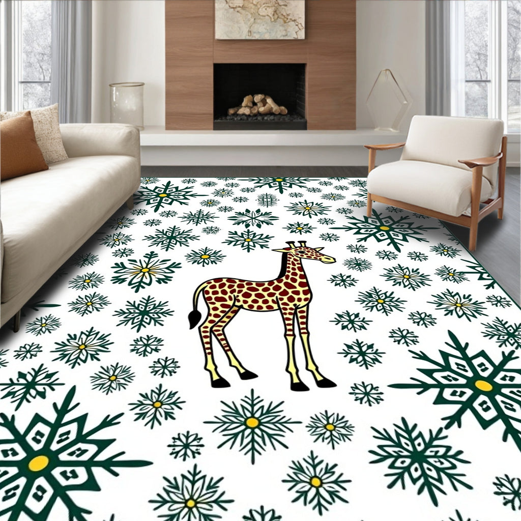 Giraffe Amidst Green Snowflake Whirl Rug