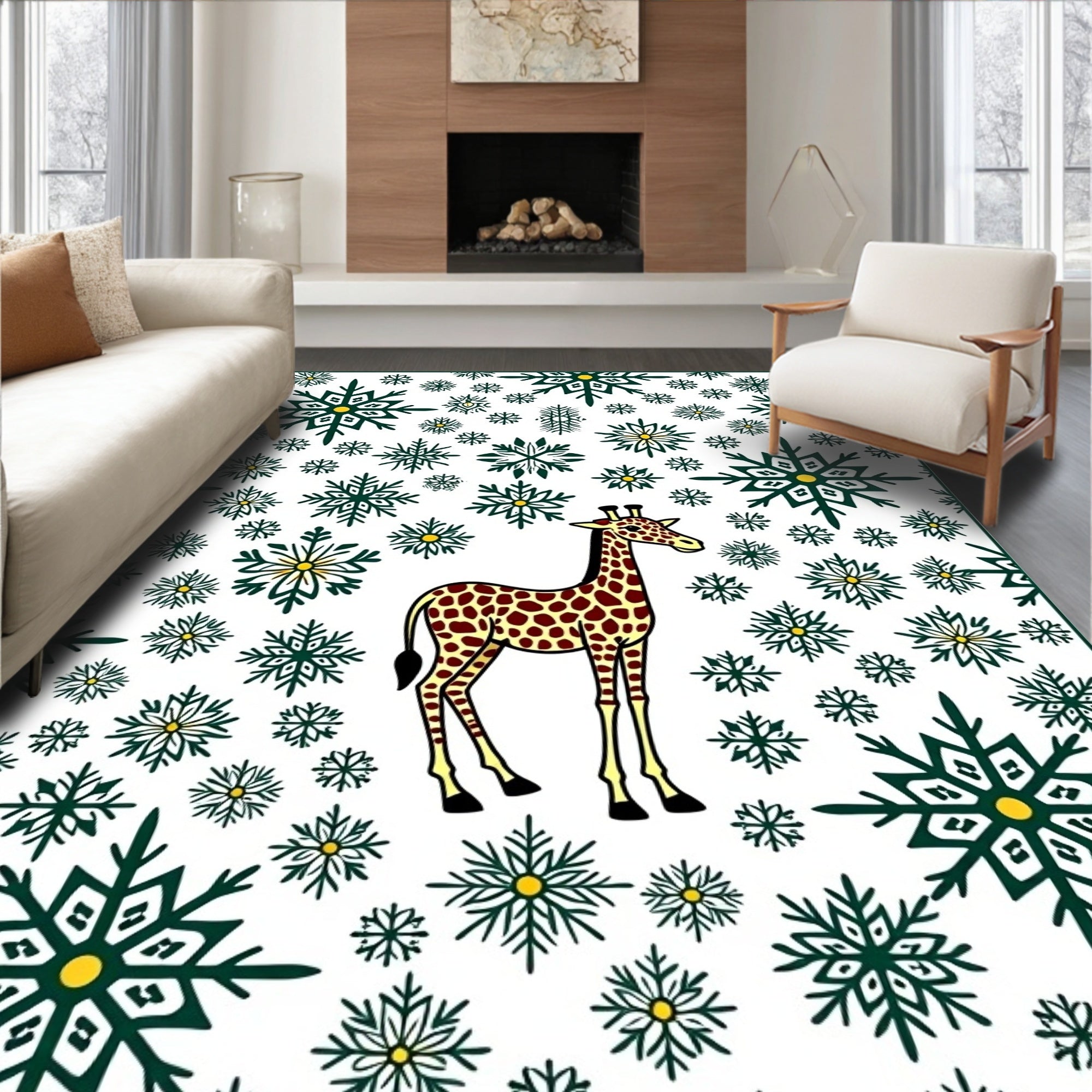 Giraffe Amidst Green Snowflake Whirl Rug