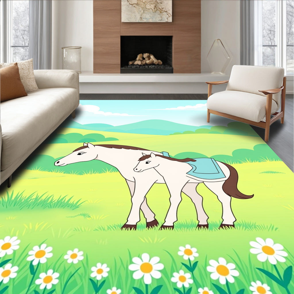 Playful White Horses Meadow Bloom Rug