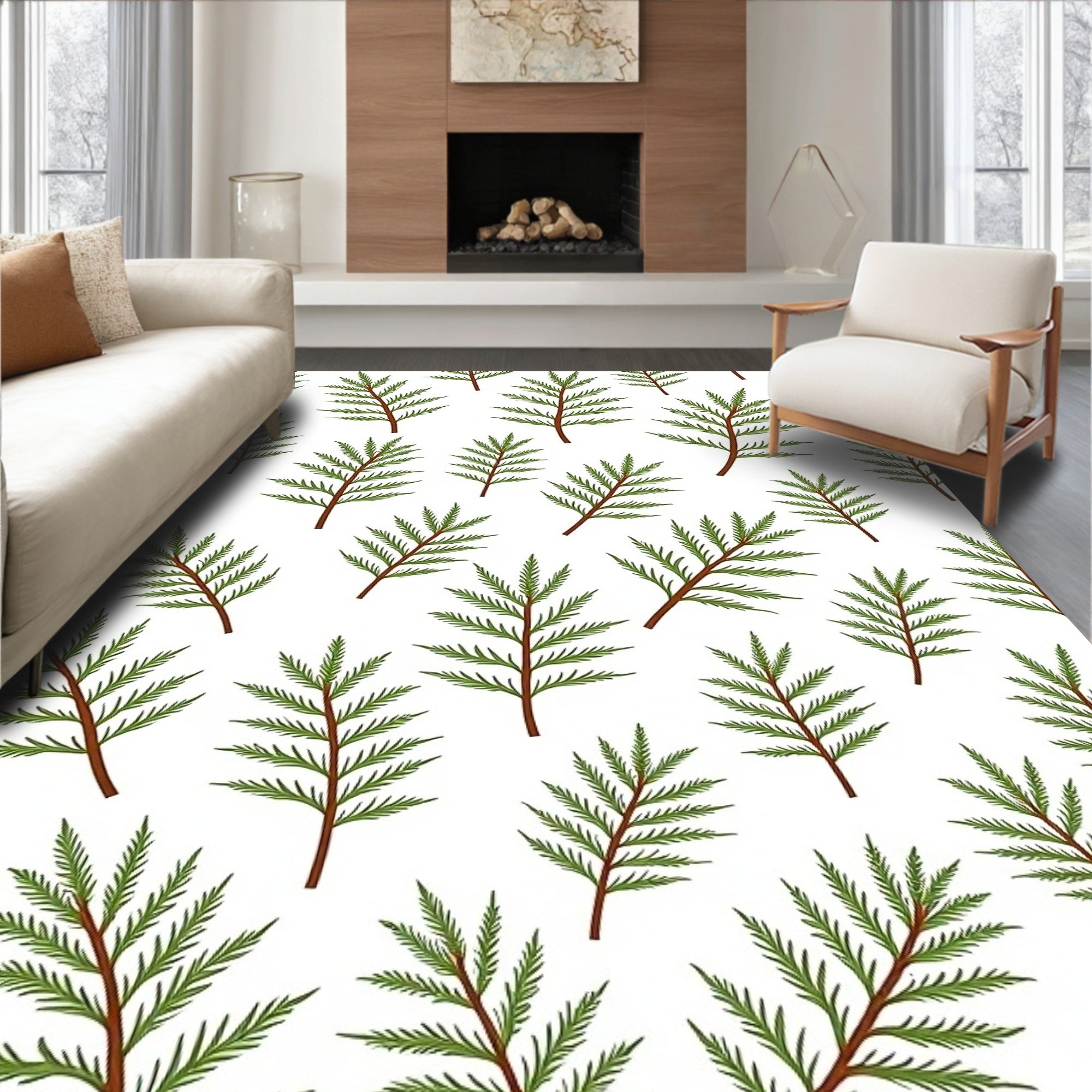 Green Fern Branch Repeating Pattern Rug