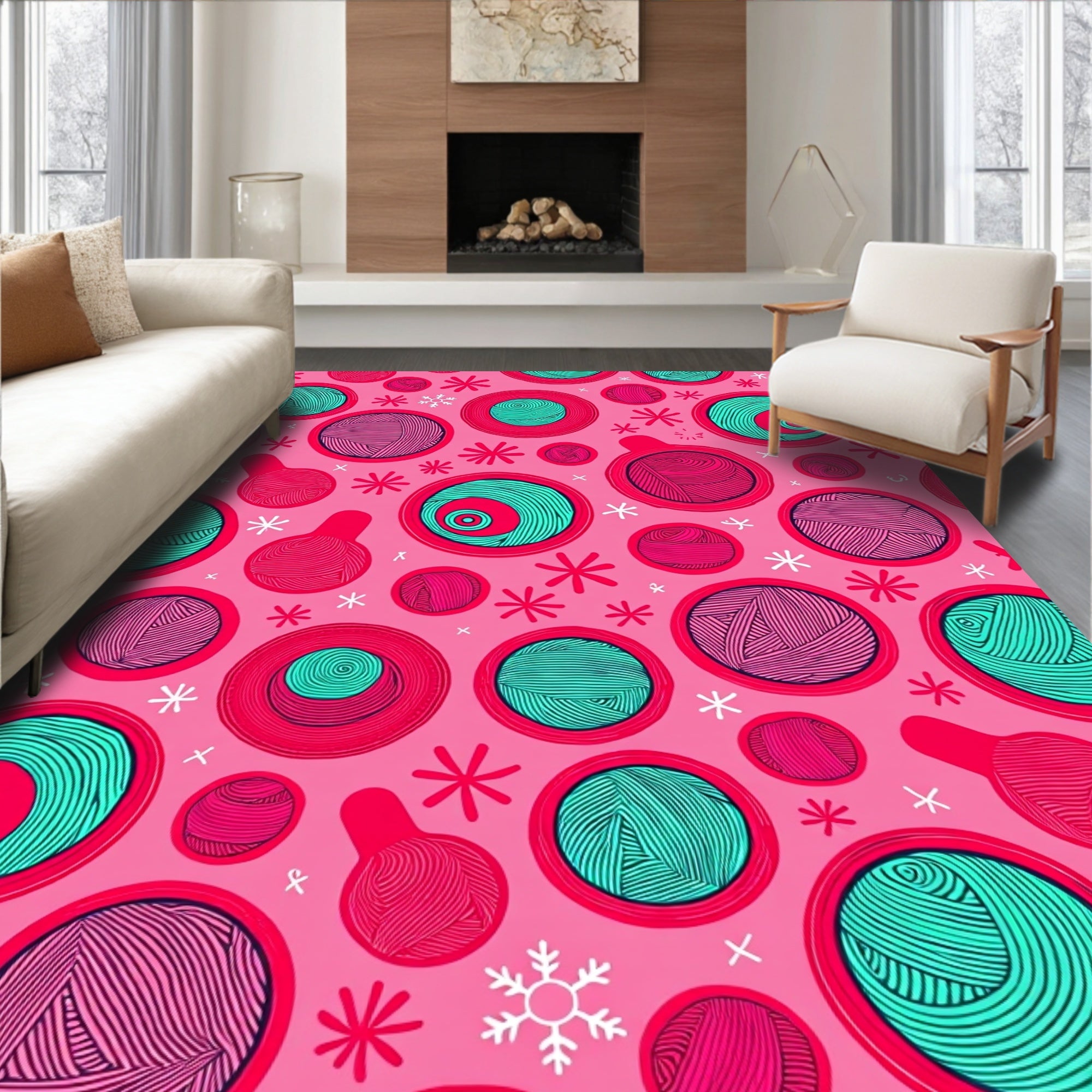 Pink Red Teal Yarn Ball Collection Rug