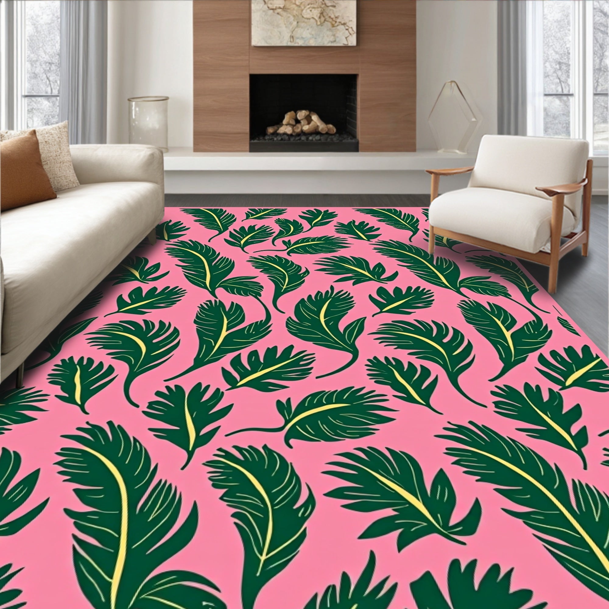 Vibrant Pink Green Feathery Leaf Rug