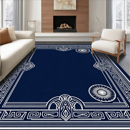 Art Deco Navy White Concentric Floral Rug