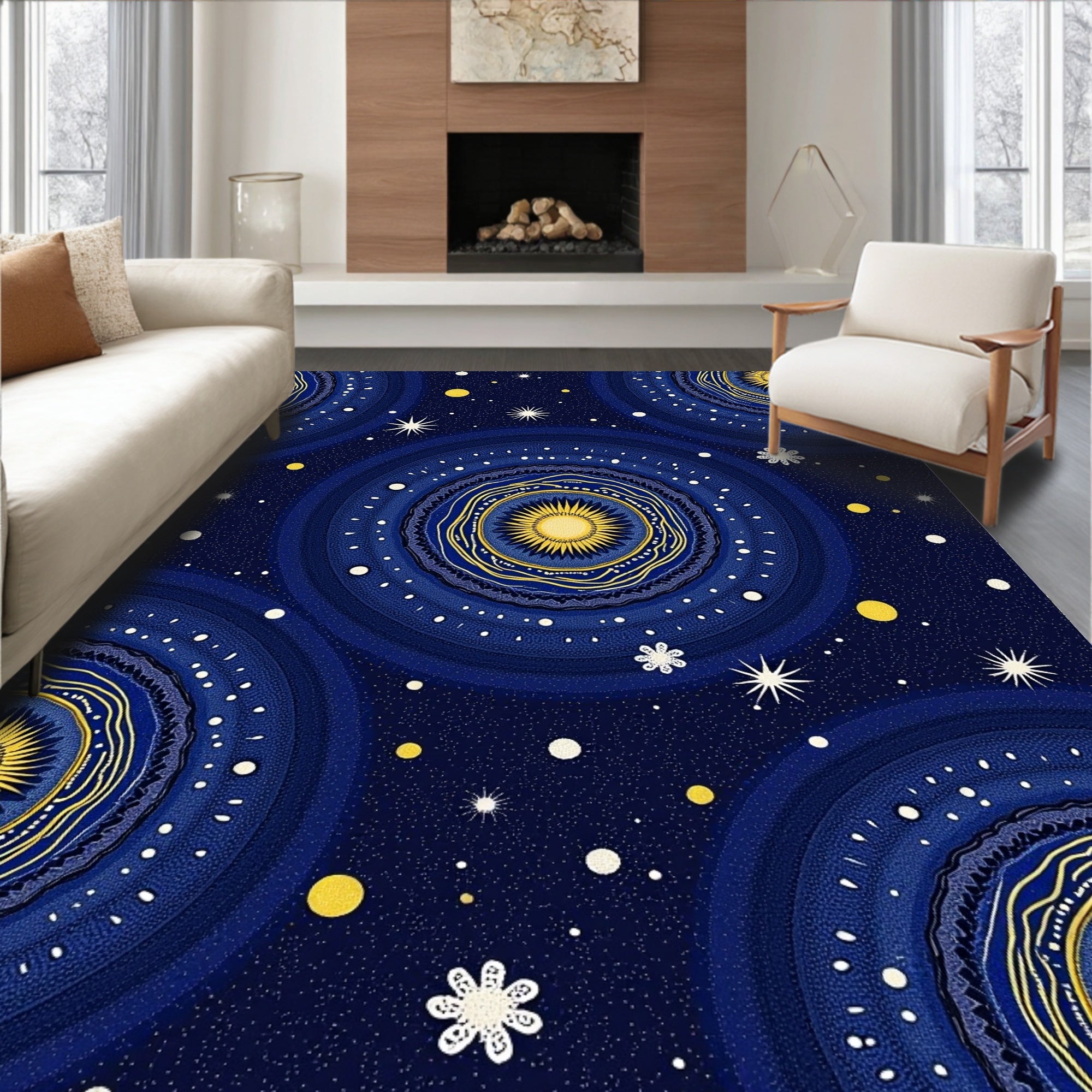 Cosmic Golden Sun Mandala Night Rug