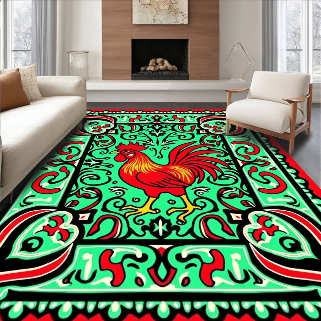Bold Red Rooster Emerald Swirl Border Rug