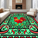 Bold Red Rooster Emerald Swirl Border Rug