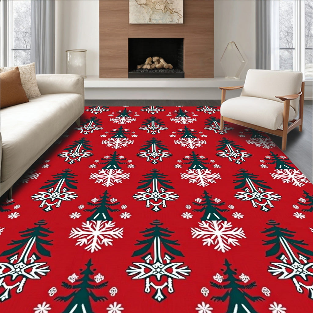 Red White Green Evergreen Snowflake Motif Rug