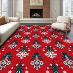 Red White Green Evergreen Snowflake Motif Rug